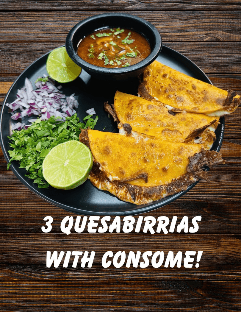 Three quesabirrias with melted cheese, a bowl of consommé, chopped onions, cilantro, and lime wedges.